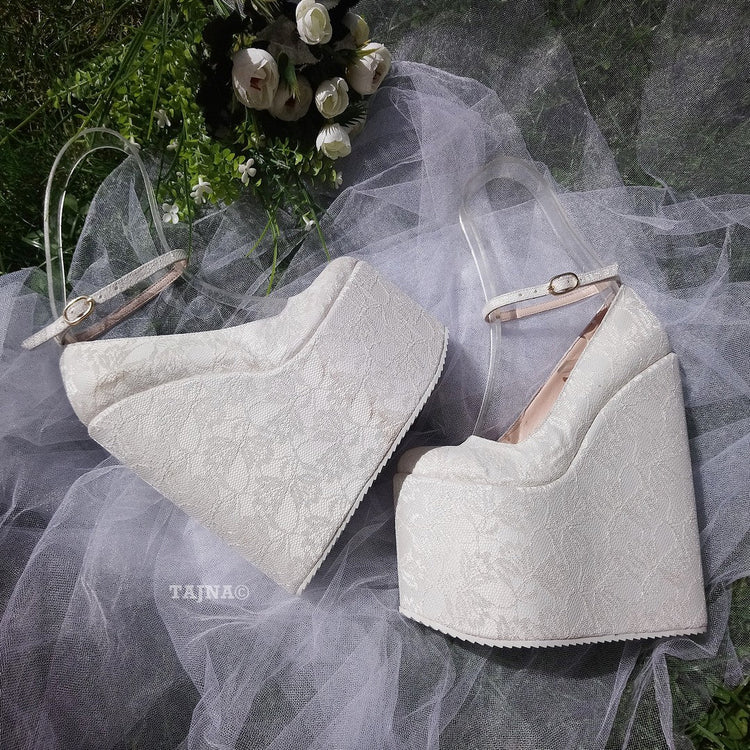 Ankle Strap White Lace High Wedge Wedding Shoes - Tajna Club