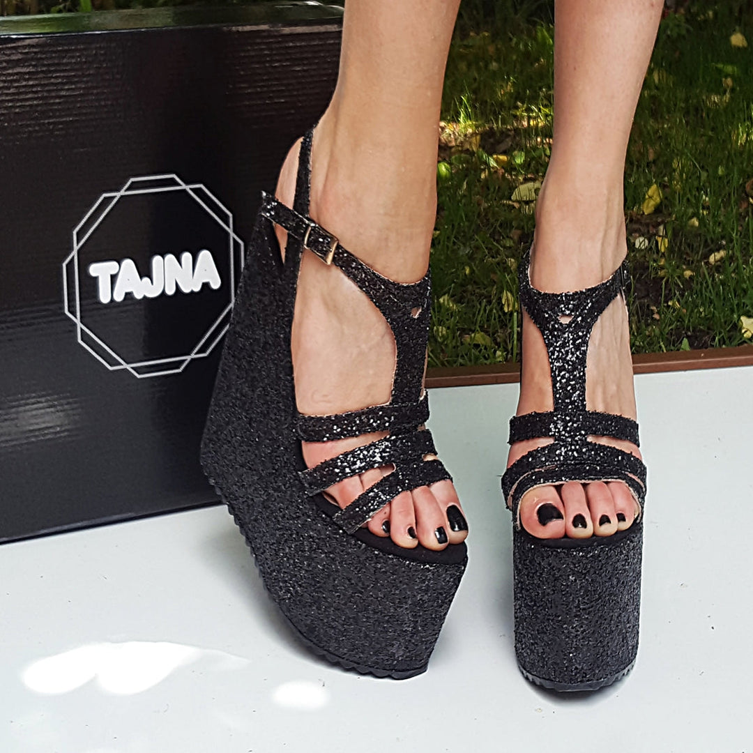 Black Shiny Multi Strap Wedge Platform Sandals - Tajna Club