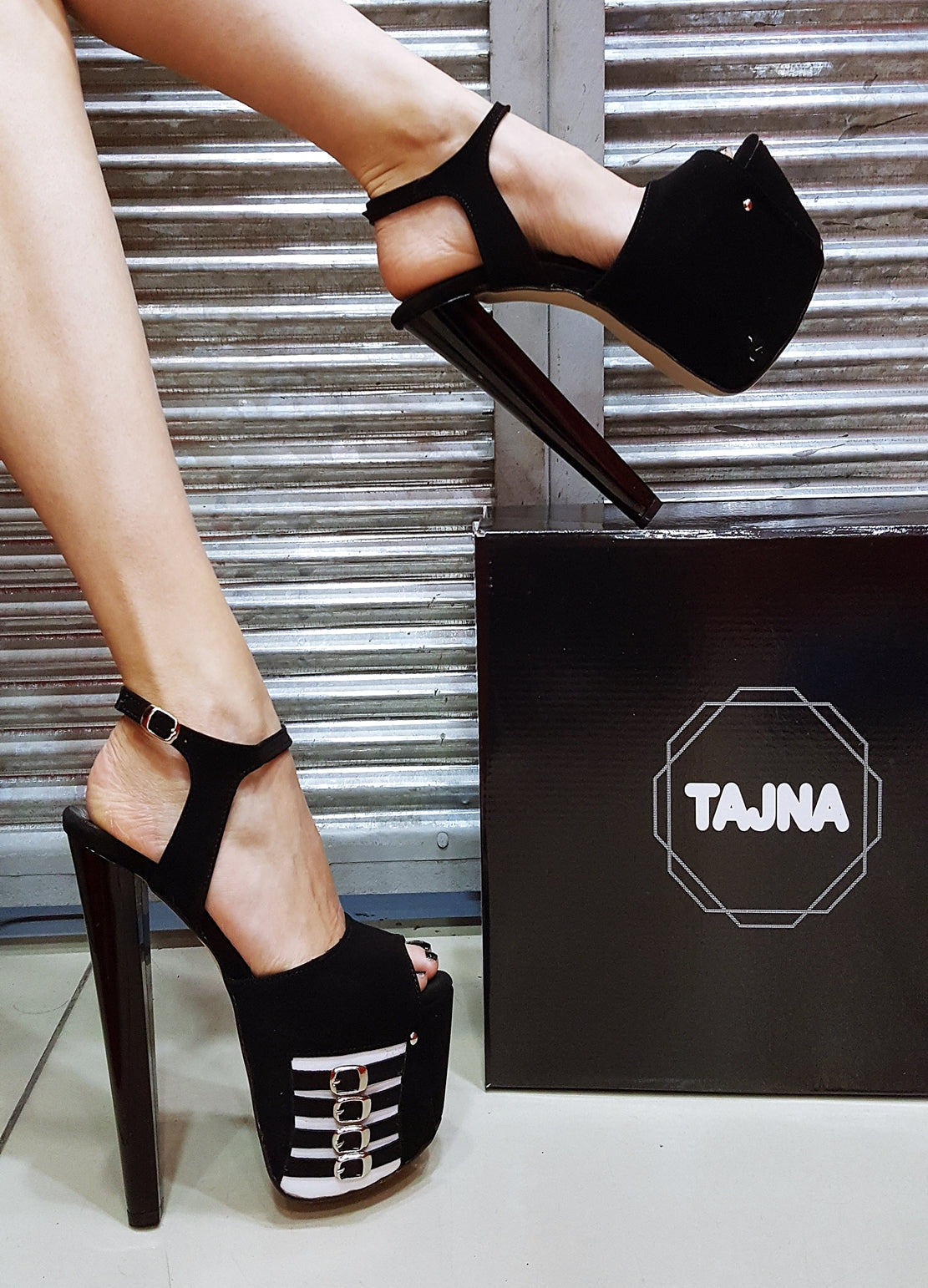 Black Faux Suede Belted Platform Heels - Tajna Club
