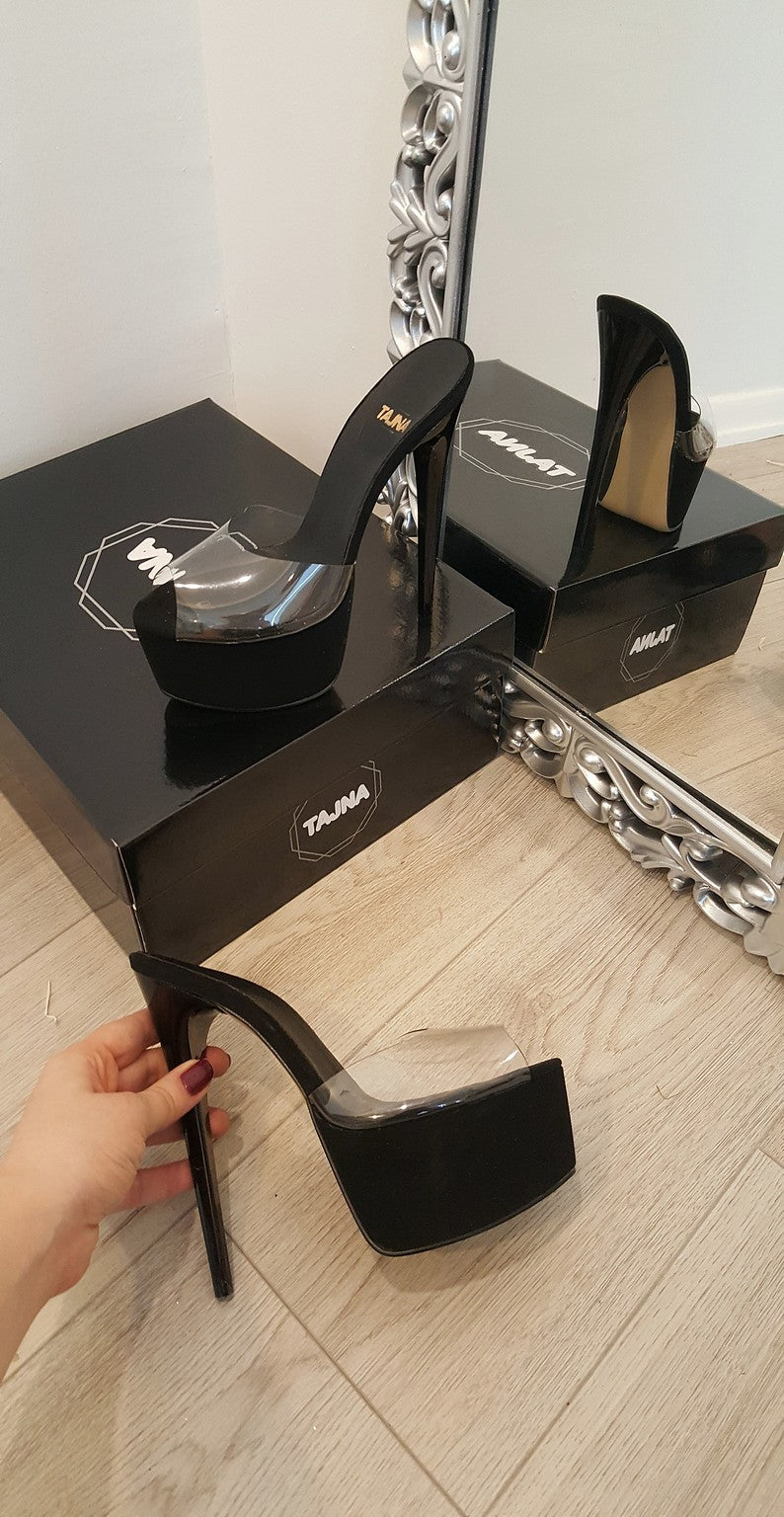 Platform Clear Mule Heels Black Black Transparent Strap Heel
