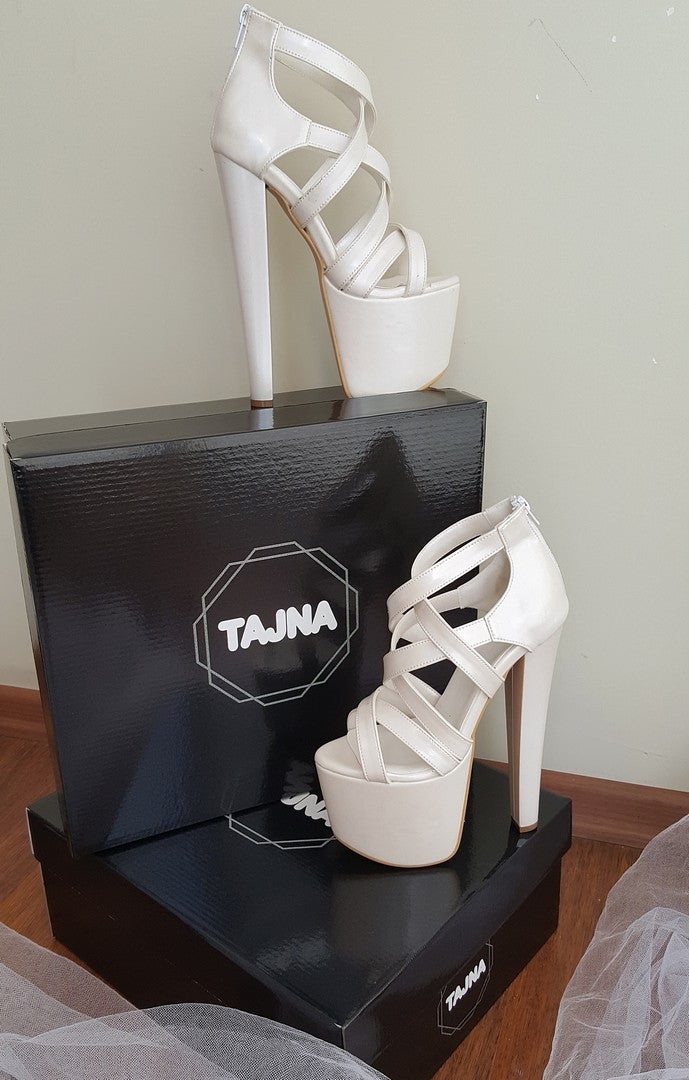 Ivory White Multi Strap High Heel Platform Shoes - Tajna Club