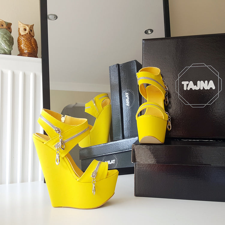 Sun Yellow Zipper 17 cm High Heel Wedge Shoes - Tajna Club