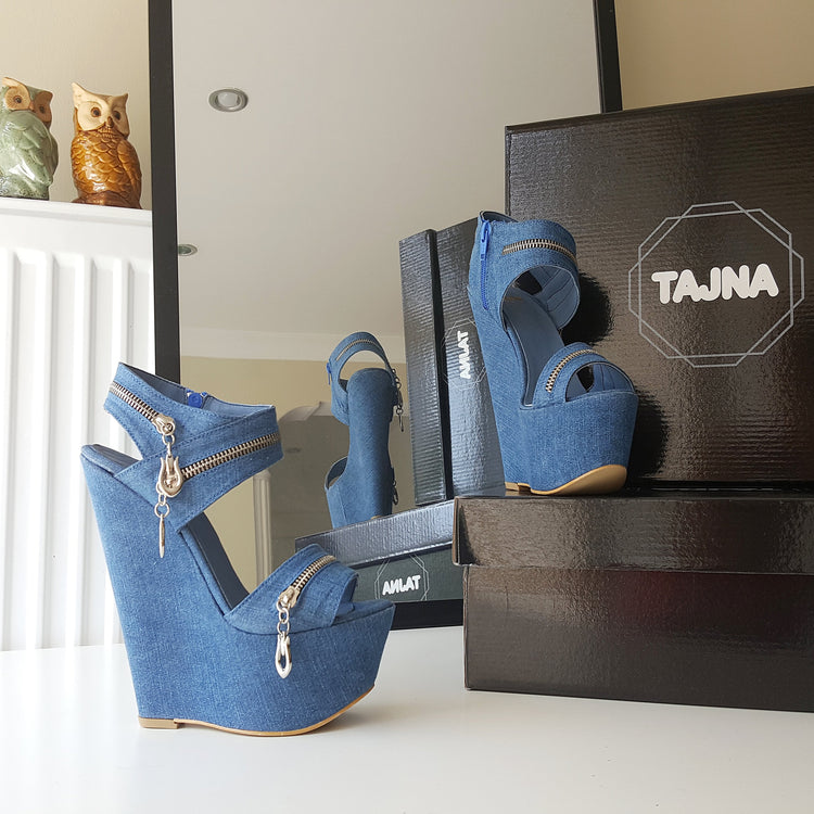 Jean Denim Zipper 17 cm High Heel Wedge Shoes - Tajna Club