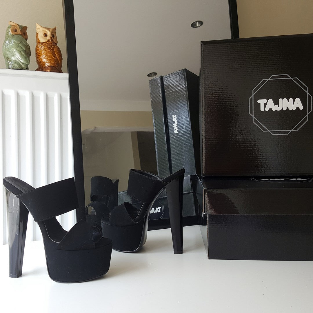 Black Double Strap High Heel Platform Mules - Tajna Club