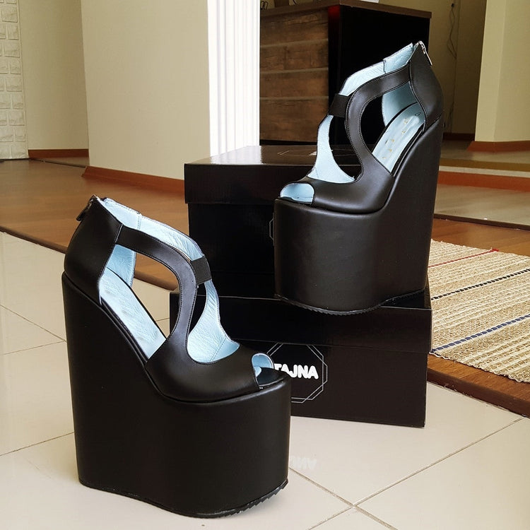 Black Slit Side Designer High Platform Wedge Shoes - Tajna Club