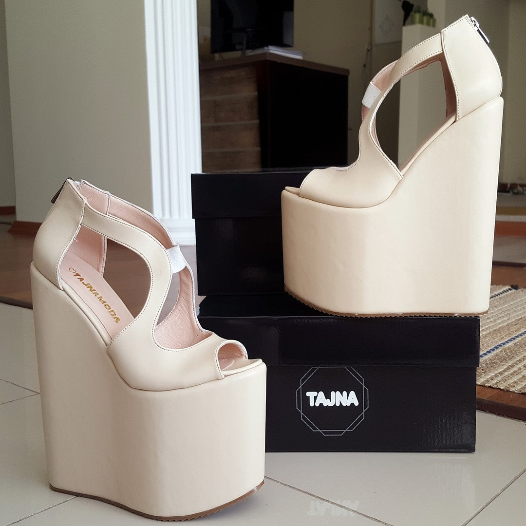 Cream Slit Side Designer High Platform Wedge Shoes - Tajna Club