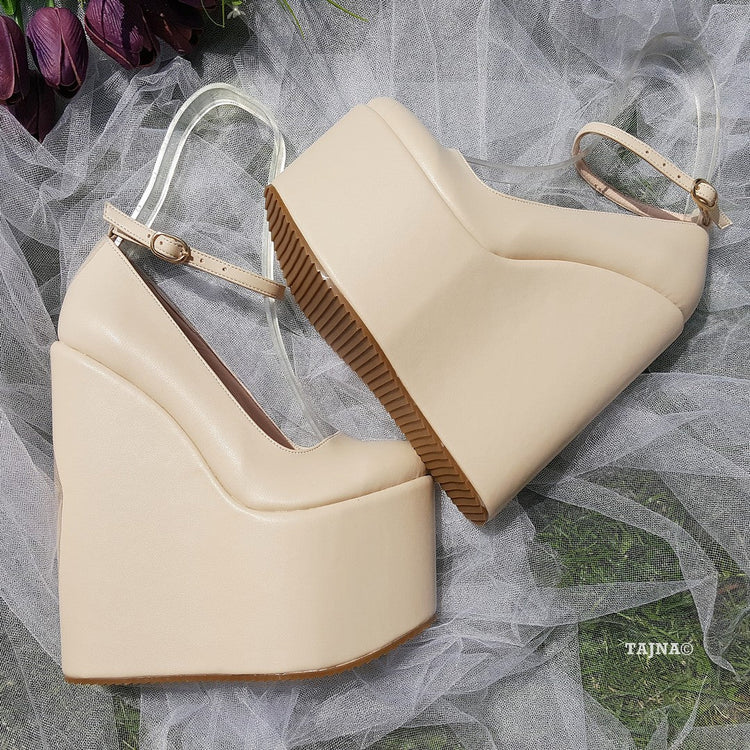 Cream Ankle Strap Wedding High Heel Platform Wedge Shoes - Tajna Club
