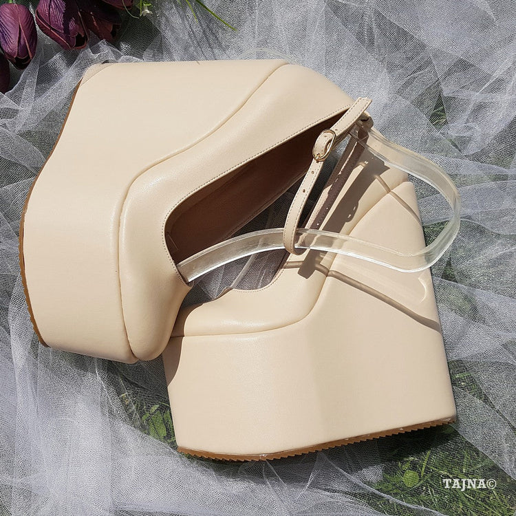 Cream Ankle Strap Wedding High Heel Platform Wedge Shoes - Tajna Club