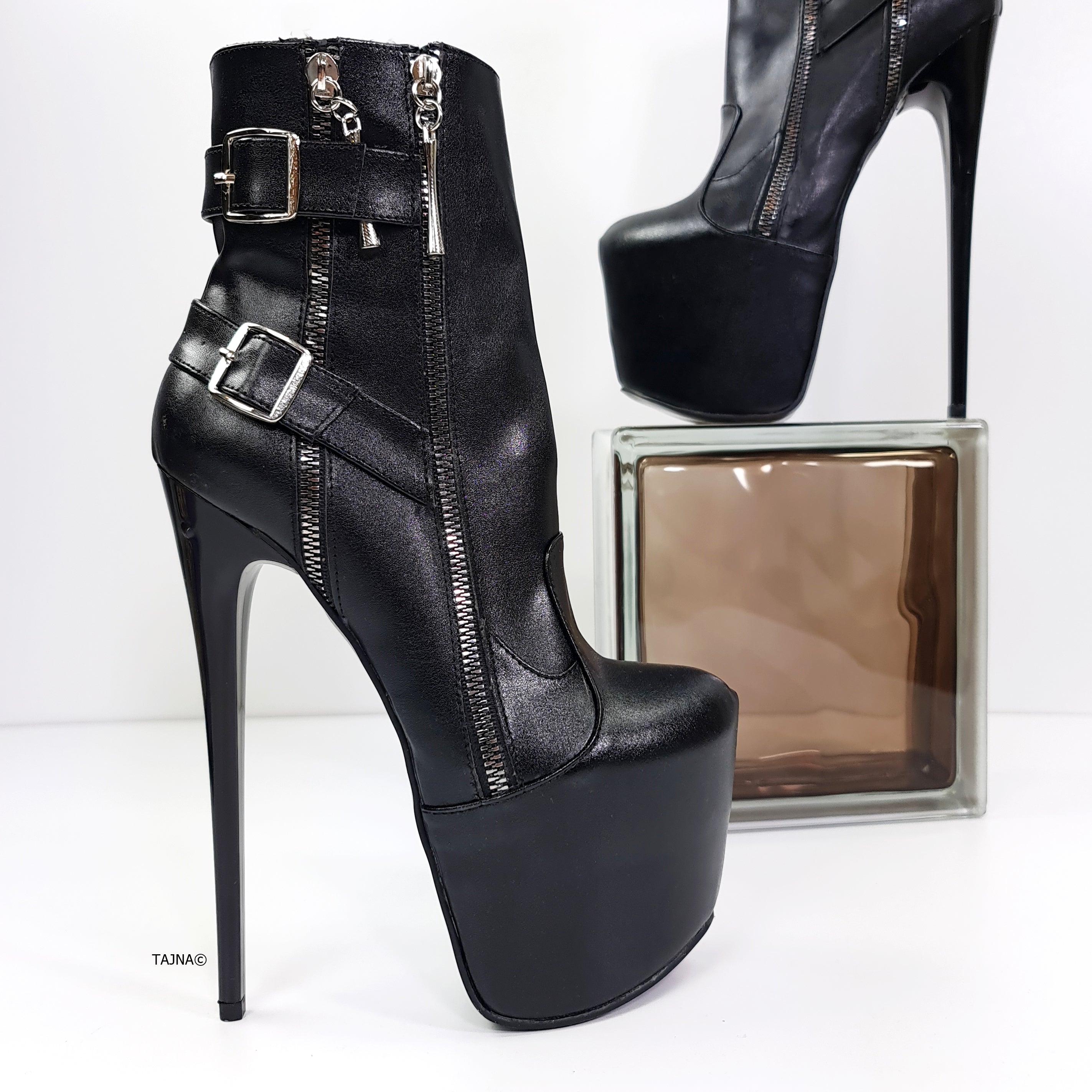 Black Matte Double Zip Belted Rocker Boots | Tajna Shoes