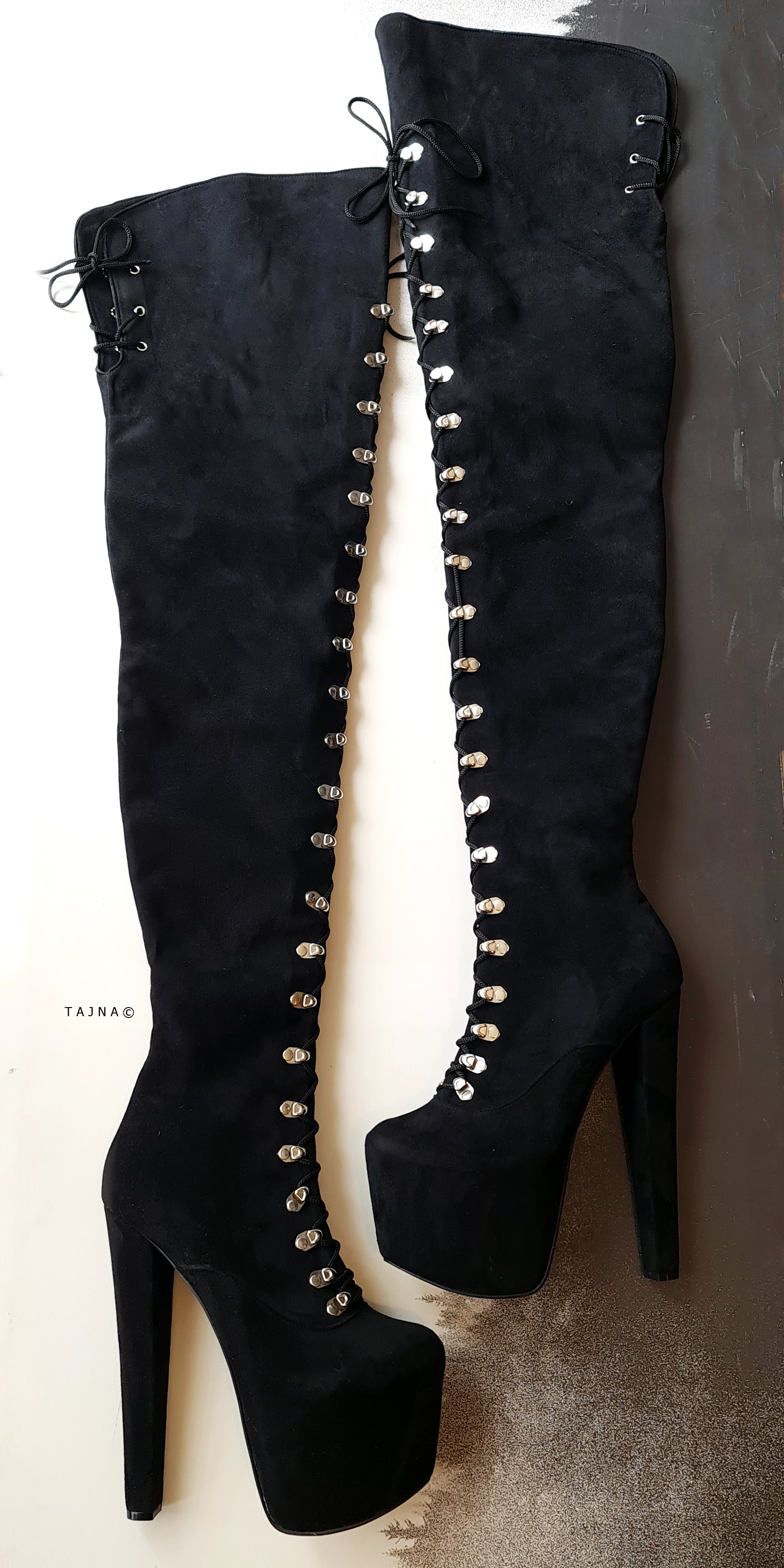 Black suede thigh high platform boots hotsell