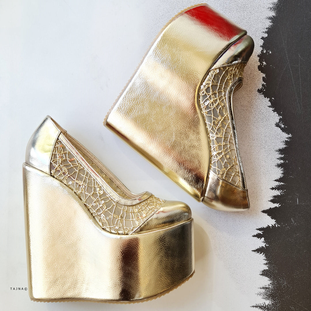Gold Spider Lace High Heel Wedges