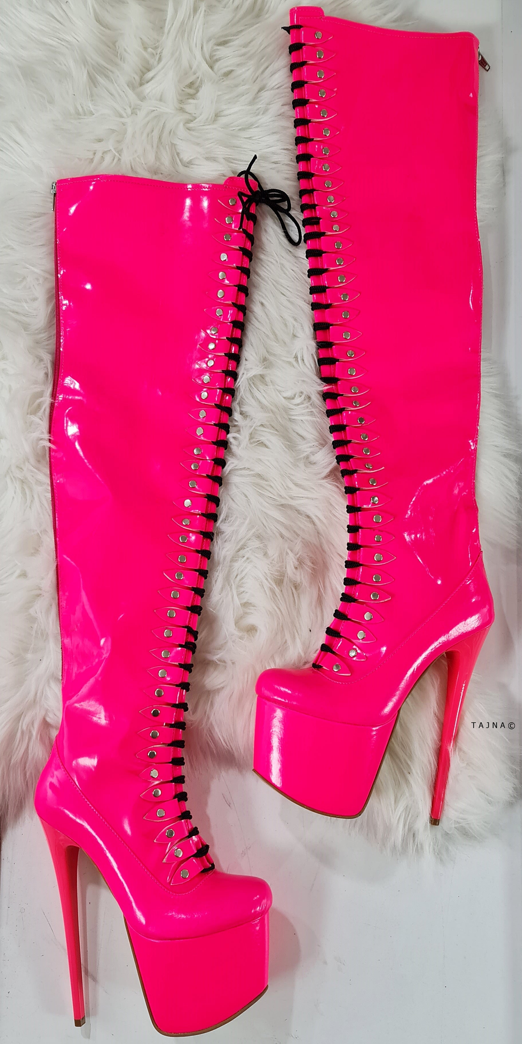 Hot Neon Pink Thigh High Pin & Lace Up Boots