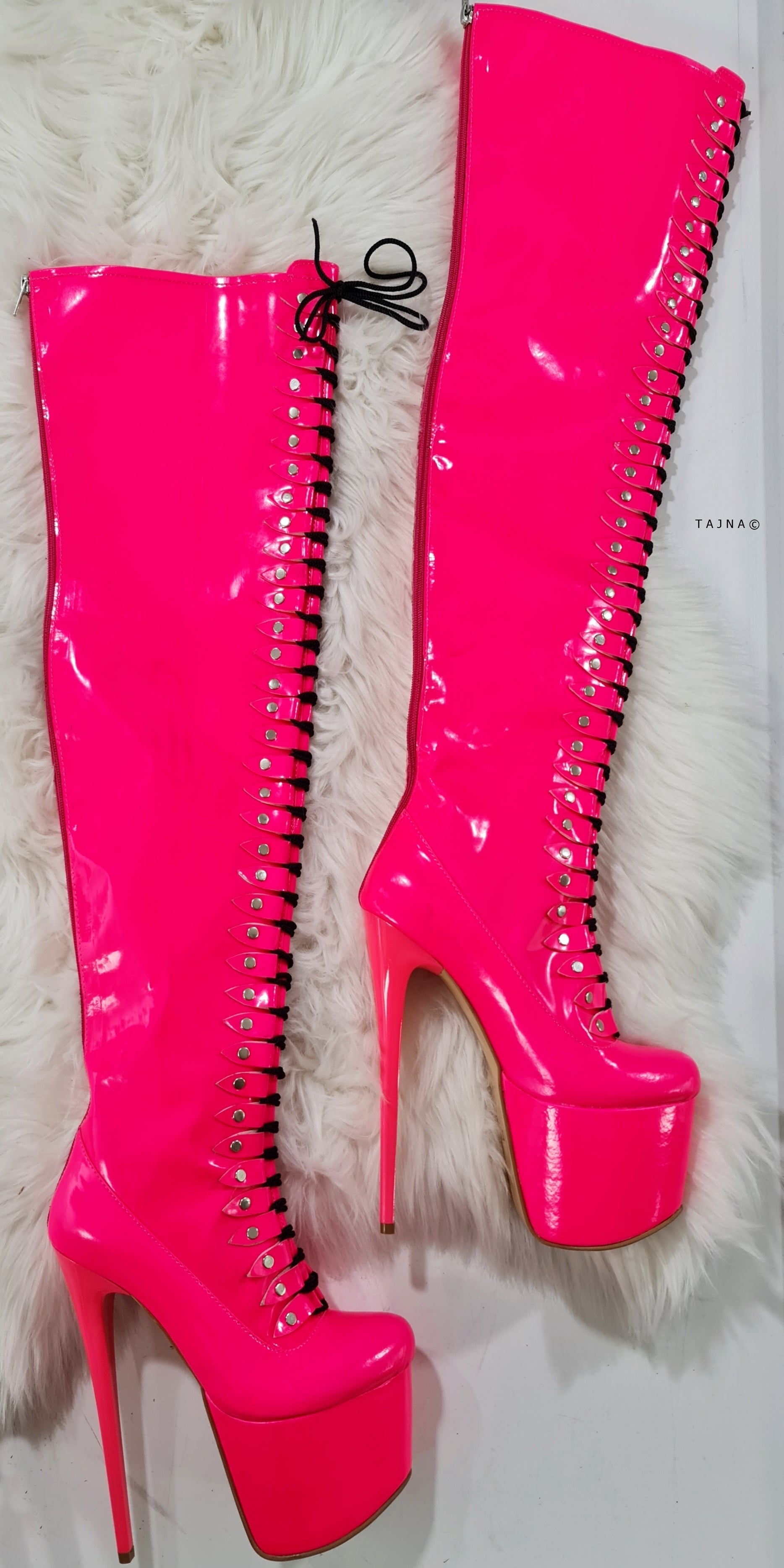 Hot Neon Pink Thigh High Pin & Lace Up Boots