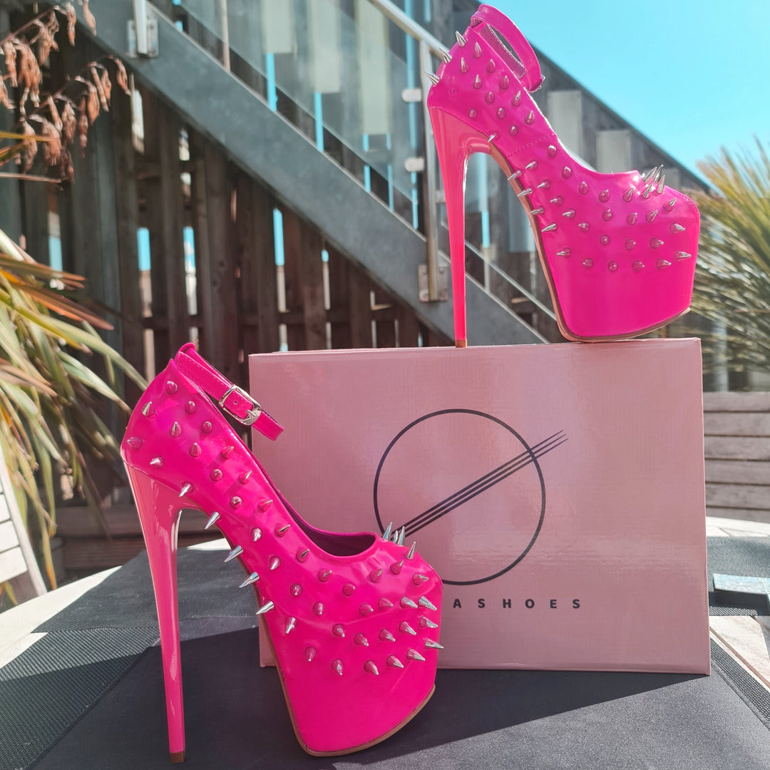 Hot Neon Pink Gloss Spike Studded Ankle Strap Heels Tajna Club Shoes