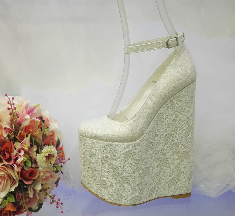 White Lace 20 cm High Heel Wedding Wedges - Tajna Club