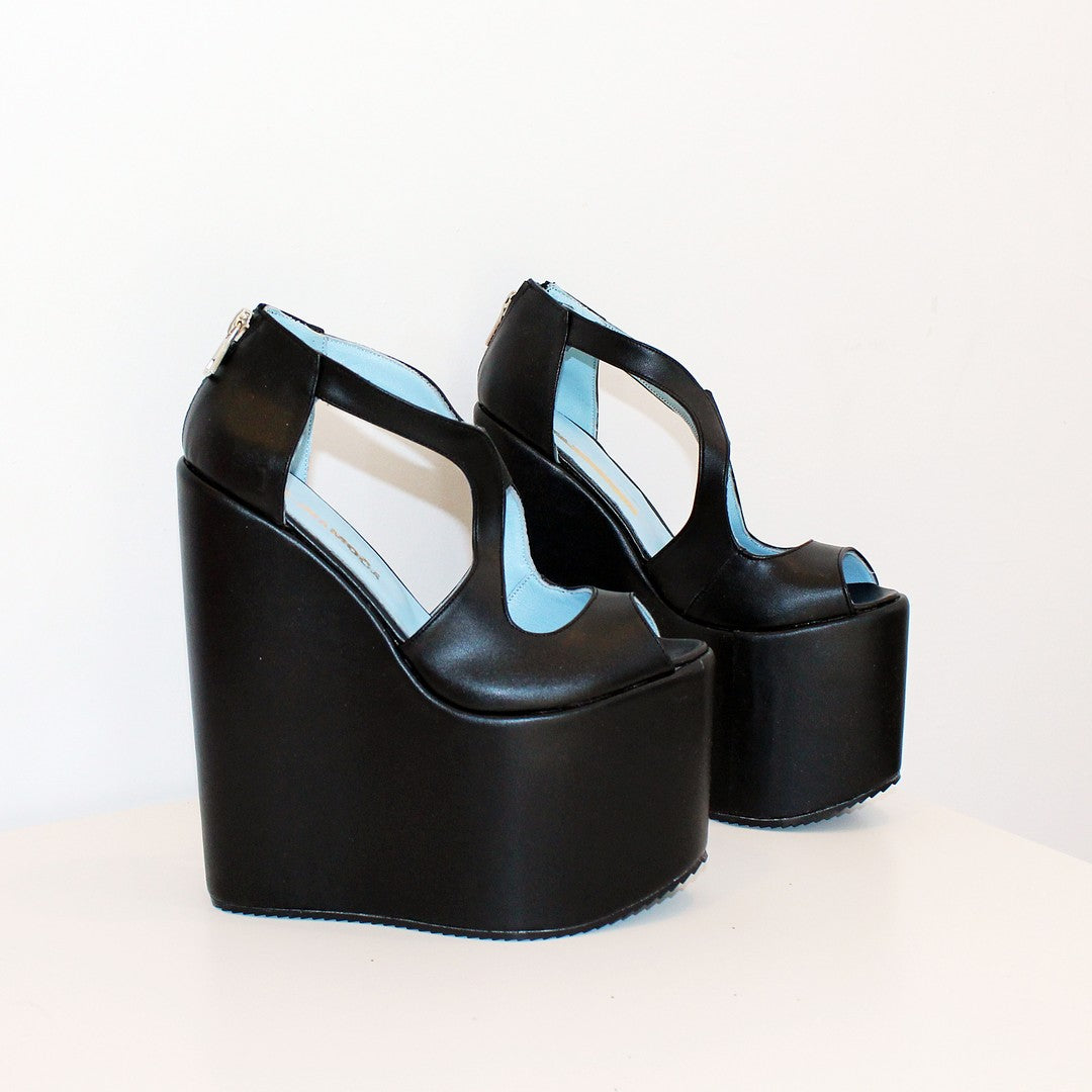 Slit Peep Toe Black High Heel Wedge Platform Shoes