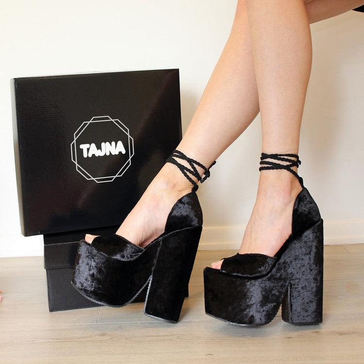Black Lace up Super High Heel Wedge Platform Shoes - Tajna Club