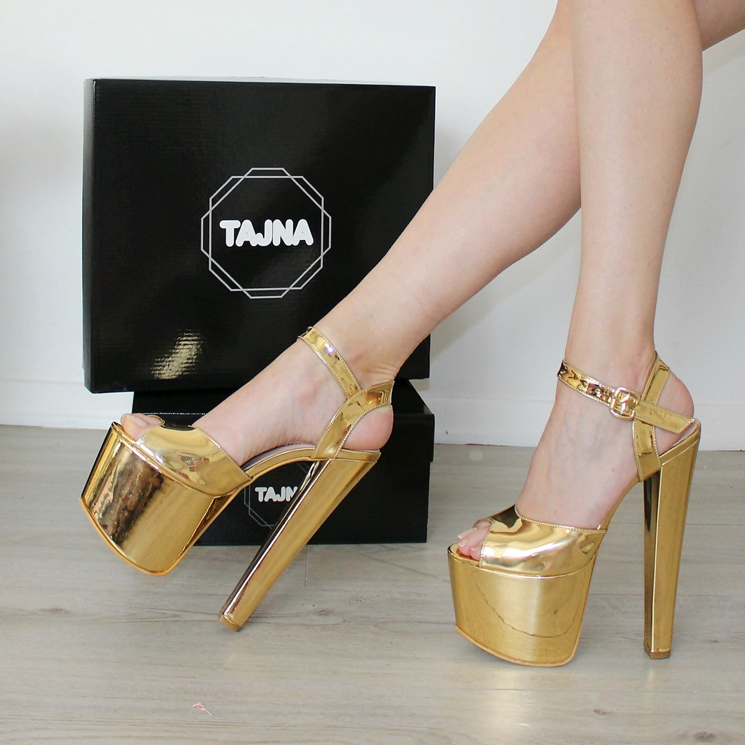 Gold Ankle Strap High Heel Platform Shoes - Tajna Club