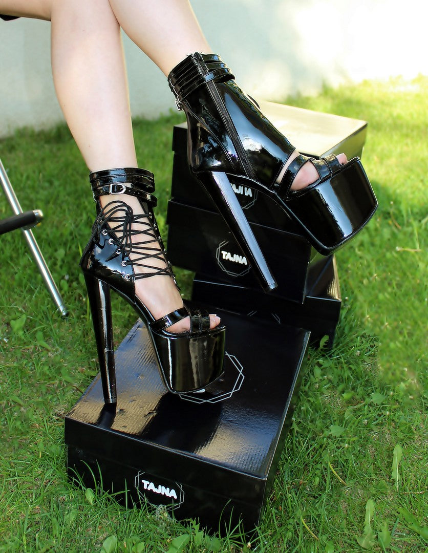 Lace Up Black Patent 19 cm High Heel Booties - Tajna Club