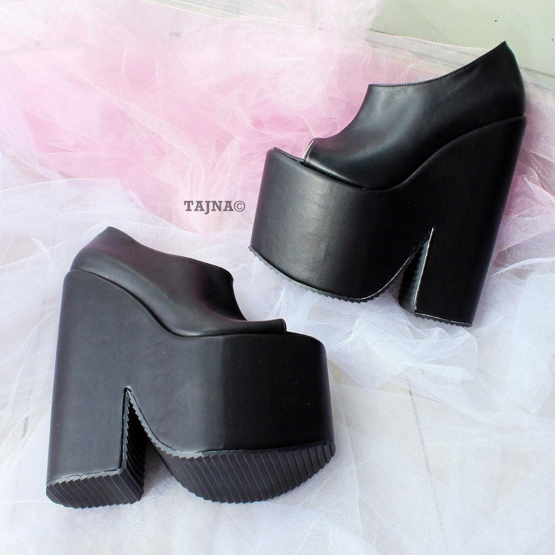 Black Peep Toe High Heel Wedge Platform Ankle Booties - Tajna Club