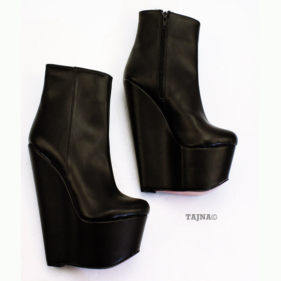 Black Faux Leather Ankle 17 cm Heel Wedge Boots - Tajna Club
