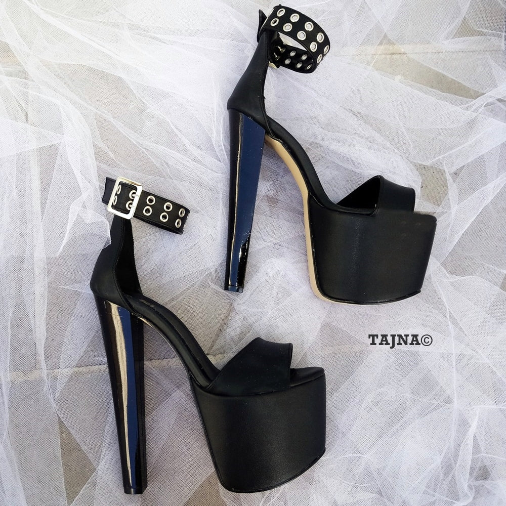 Black Belted Single Strap High Heel Platform Shoes - Tajna Club