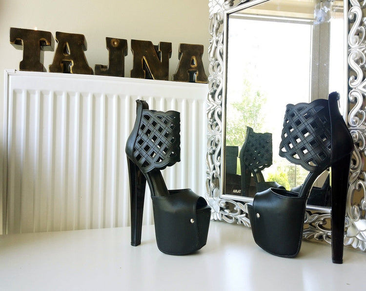 Black Lazer Ankle High Heel Platform Shoes - Tajna Club
