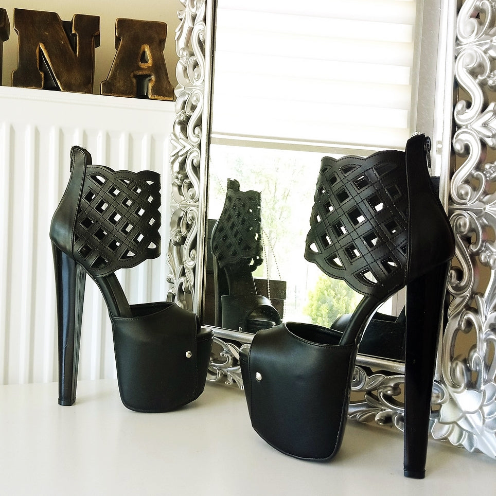 Black Lazer Ankle High Heel Platform Shoes - Tajna Club