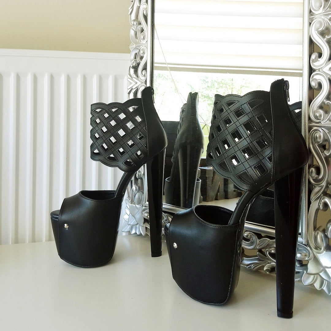 Black Lazer Ankle High Heel Platform Shoes - Tajna Club