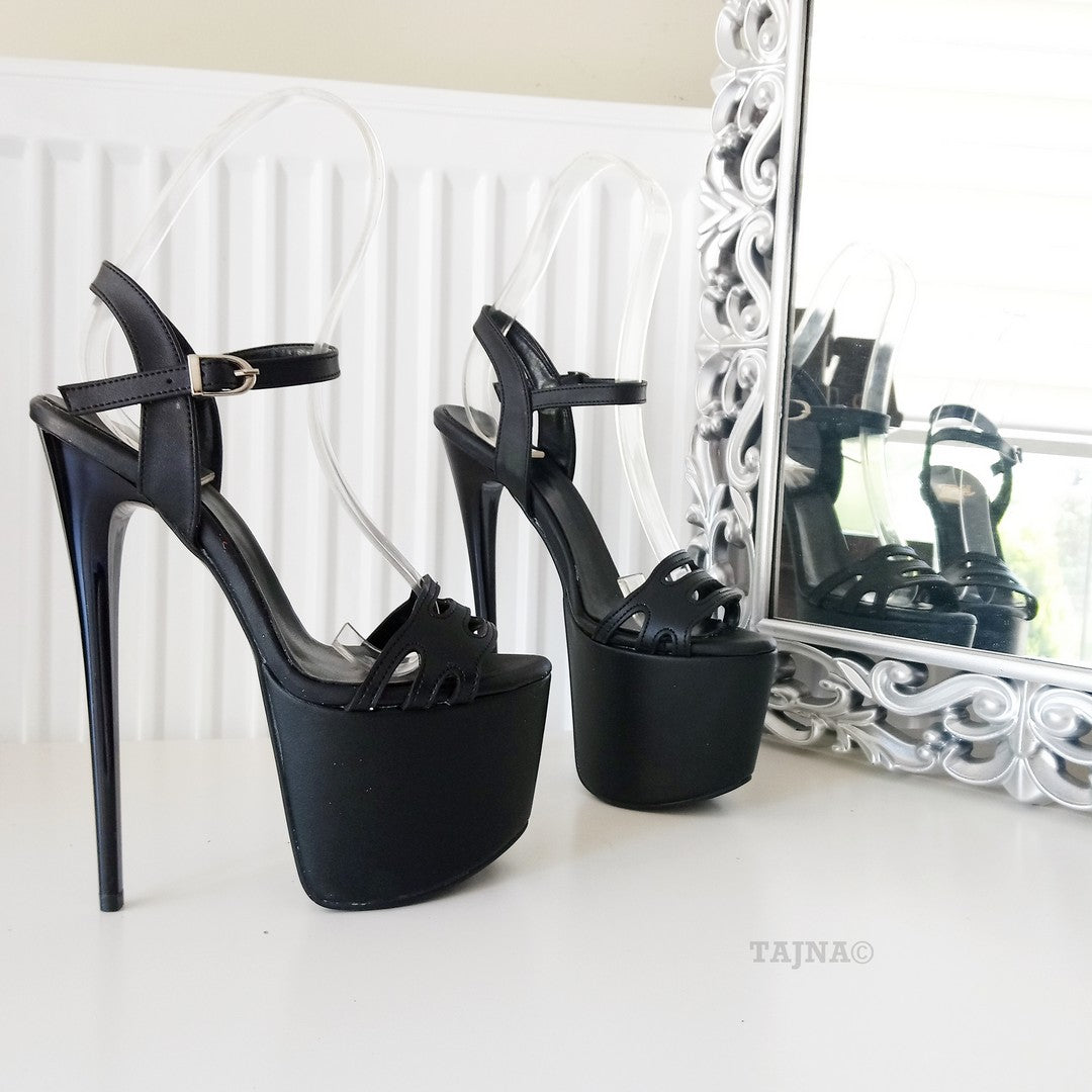 Laser Black Super High Heel Platform Sandals | Tajna Club