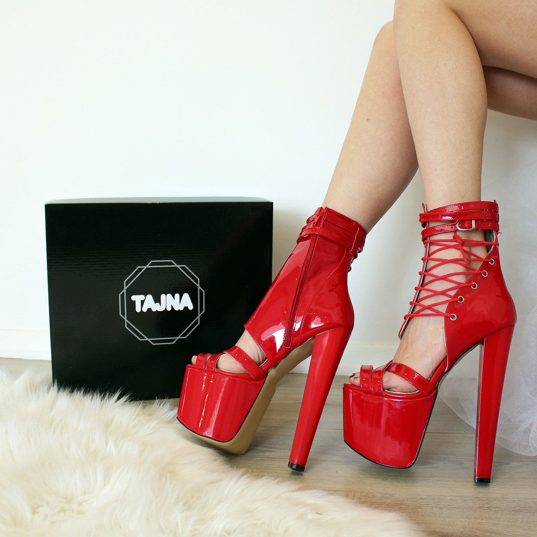 Red Lace-Up Ankle Strap Avantgarde Booties - Tajna Club