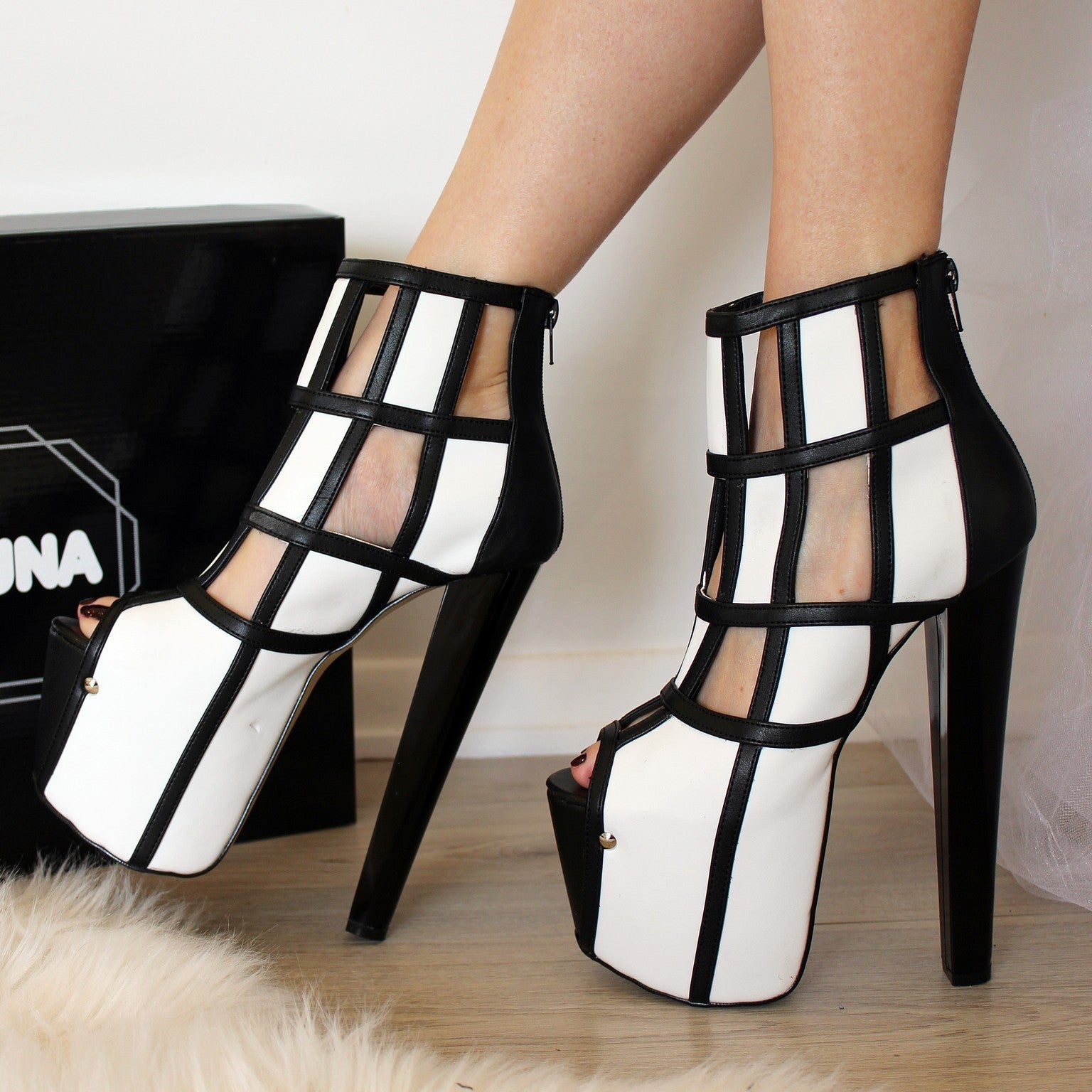 Black and White Caged Booties Tajna Shoes Tajna Club