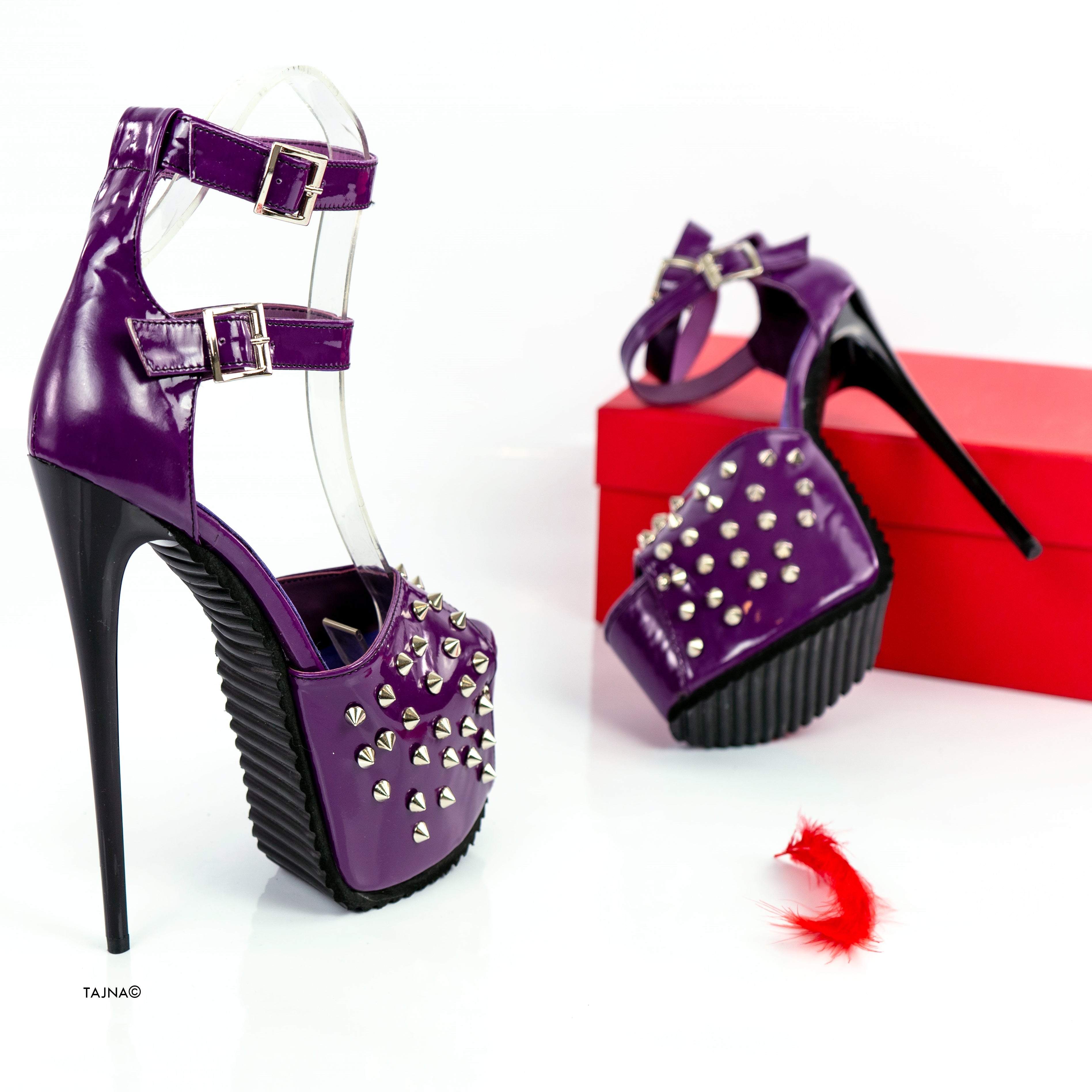 Purple Gloss Spike Studs Double Strap Heels - Tajna Club