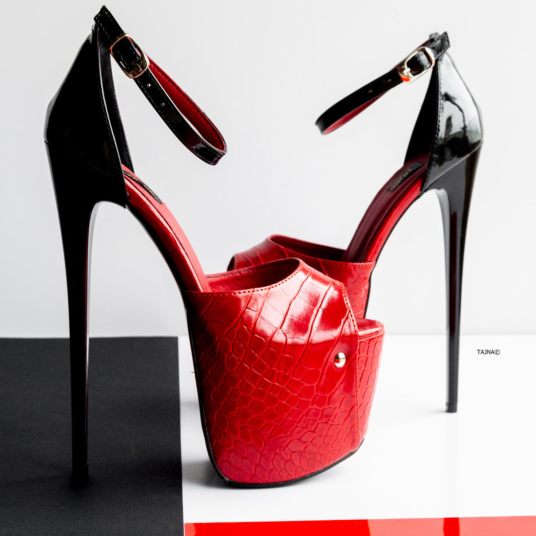 Red Croco Black Gloss Detail Ankle Strap High Heels