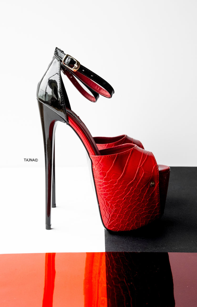 Red Croco Black Gloss Detail Ankle Strap High Heels