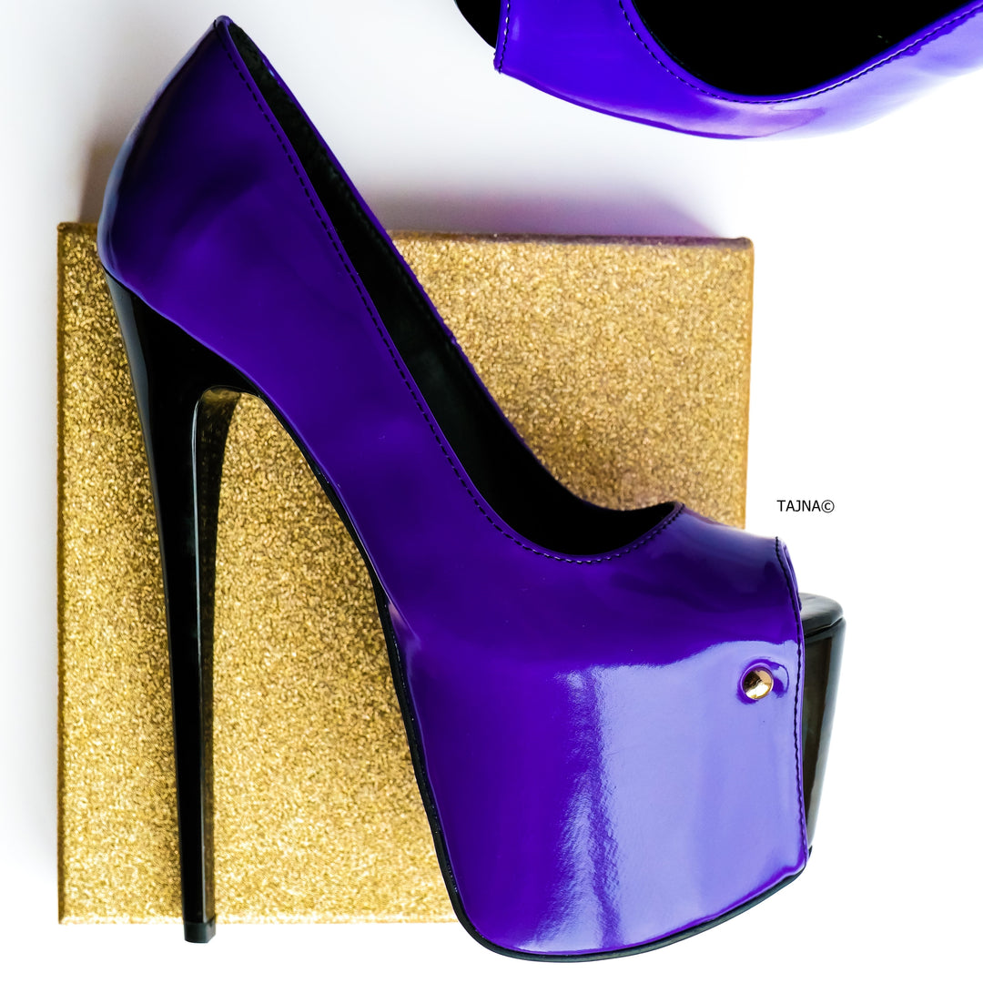 Purple Black Gloss Peep Toe High Heel Pumps