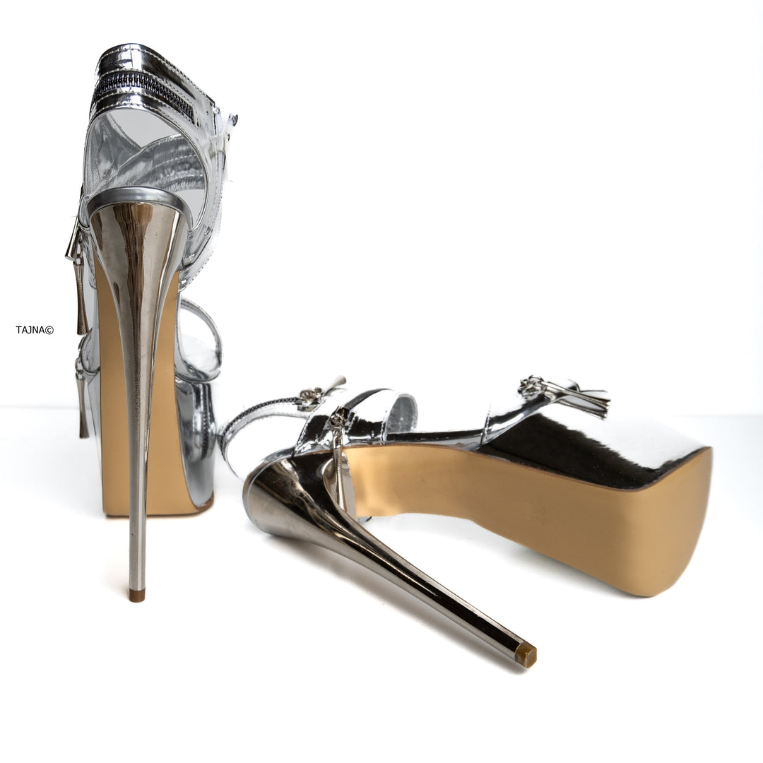 Silver Mirror Zipper Detail High Heel Sandals