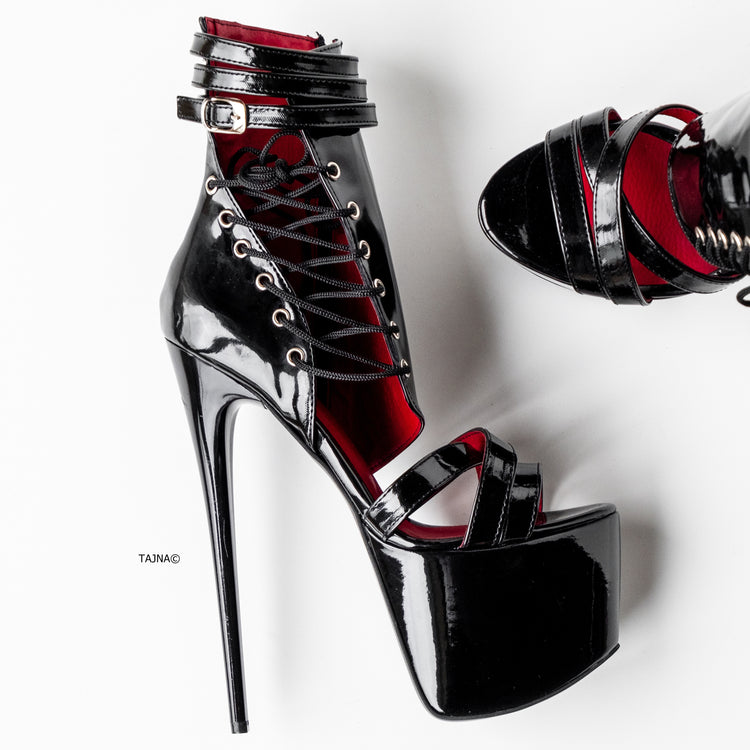 Black Gloss Side Lace Designed High Heels