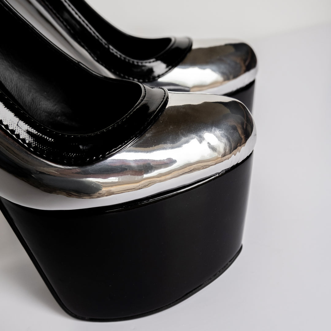 Silver Mirror Black Gloss Metallic High Heel Pumps