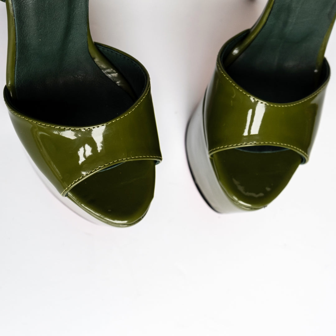 Green Gloss Lace Up Metallic High Heel Sandals