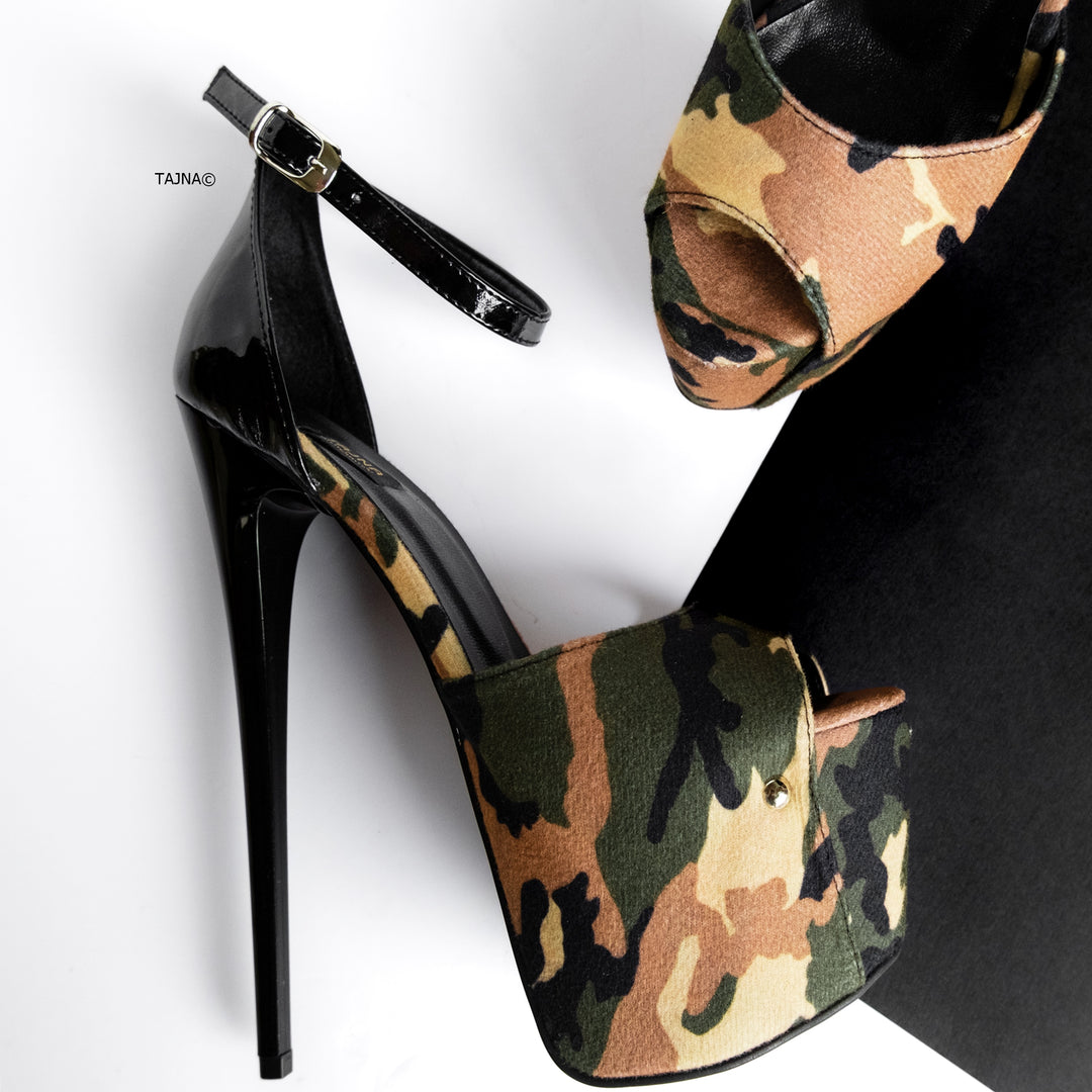 Camouflage Black Ankle Strap Detail High Heels