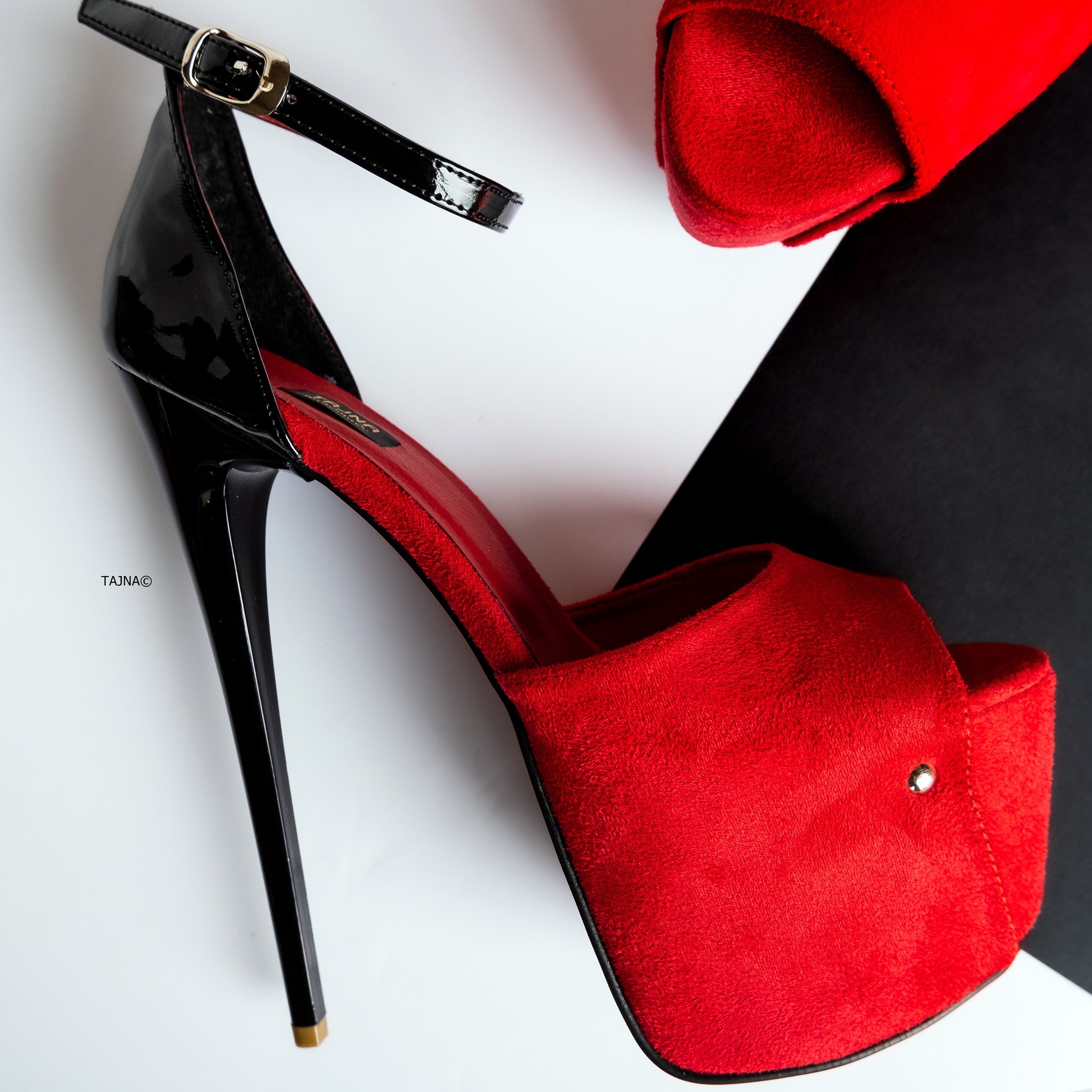 Red Suede Black Ankle Strap Detail High Heels