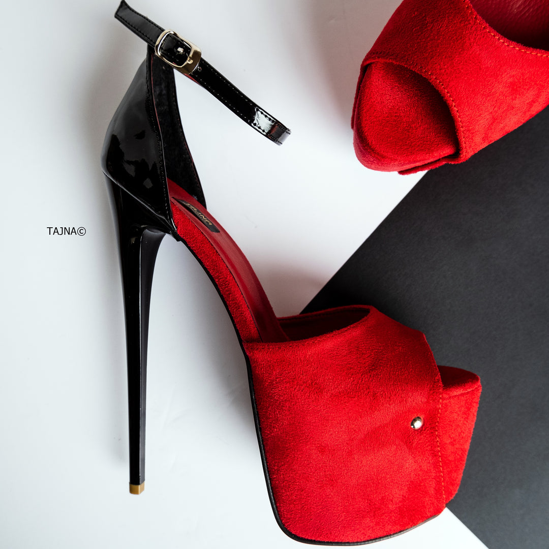 Red Suede Black Ankle Strap Detail High Heels