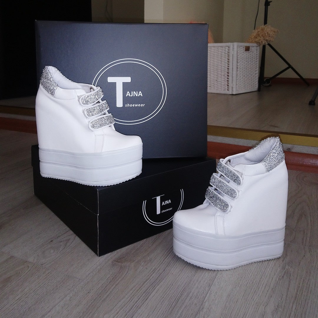 Sport Platforms Silver White Wedge Shoes - Tajna Club