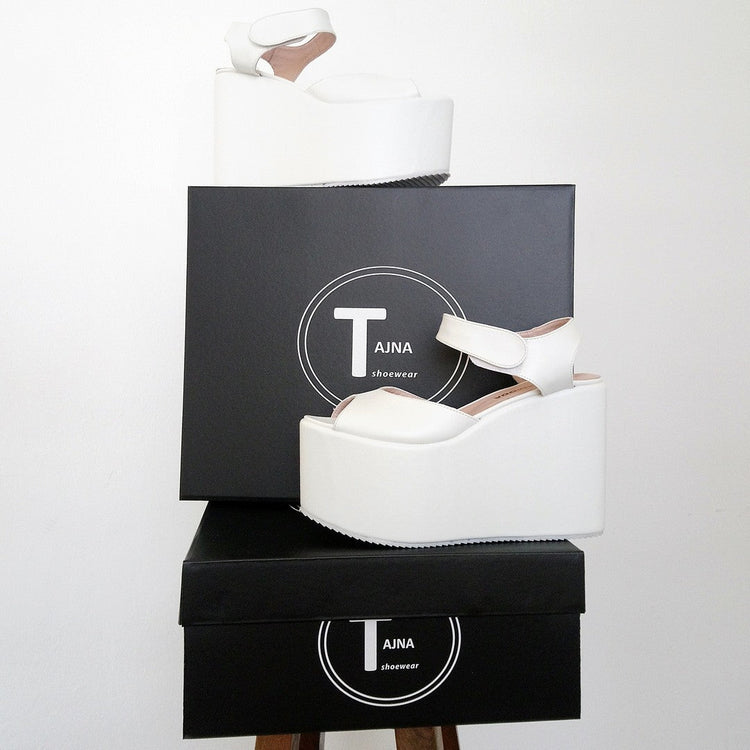 White Ankle Strap Peep Toe Wedge Platform Sandals - Tajna Club