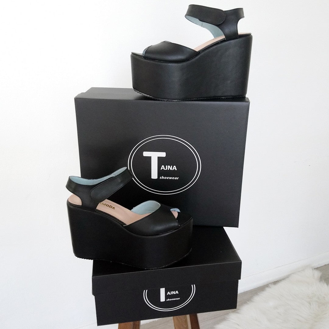 Black Ankle Strap Peep Toe Wedge Platform Sandals - Tajna Club