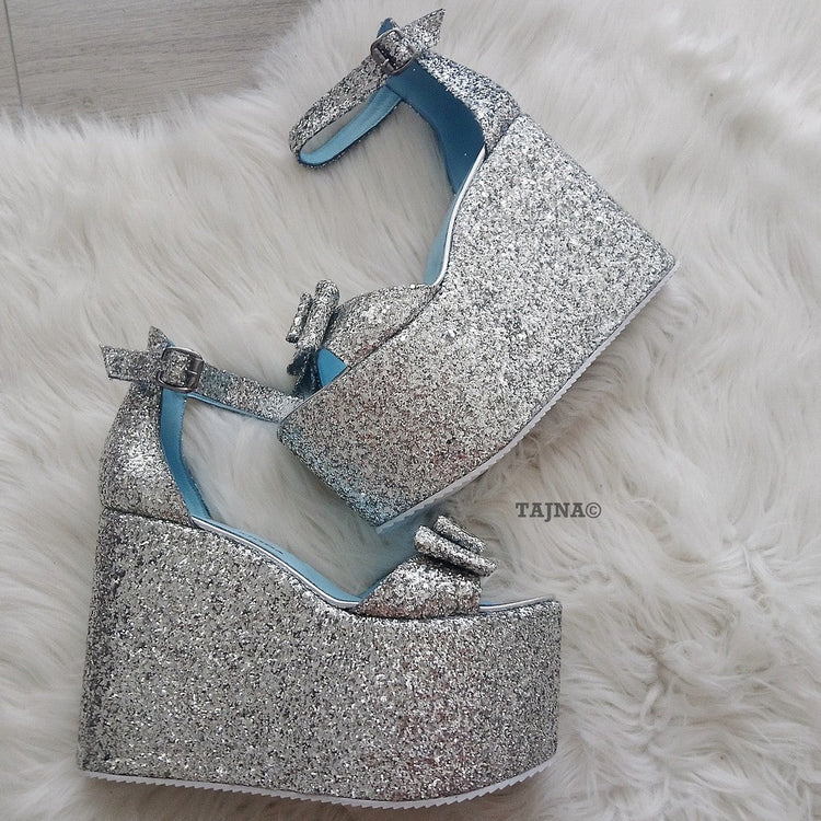 Ribbon Strap Silver High Heel Wedges - Tajna Club