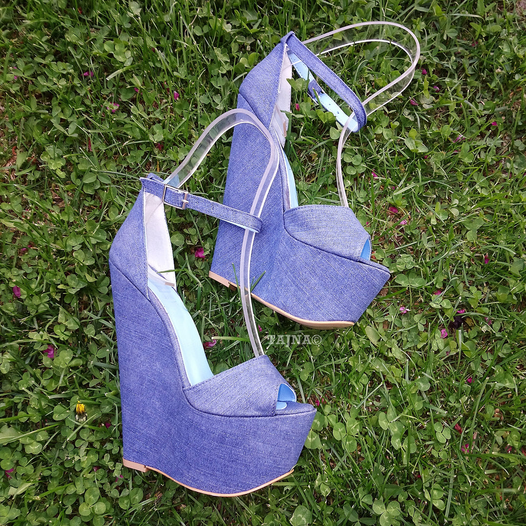 Jean Denim 17 cm High Heel Ankle Strap Wedge Shoes - Tajna Club