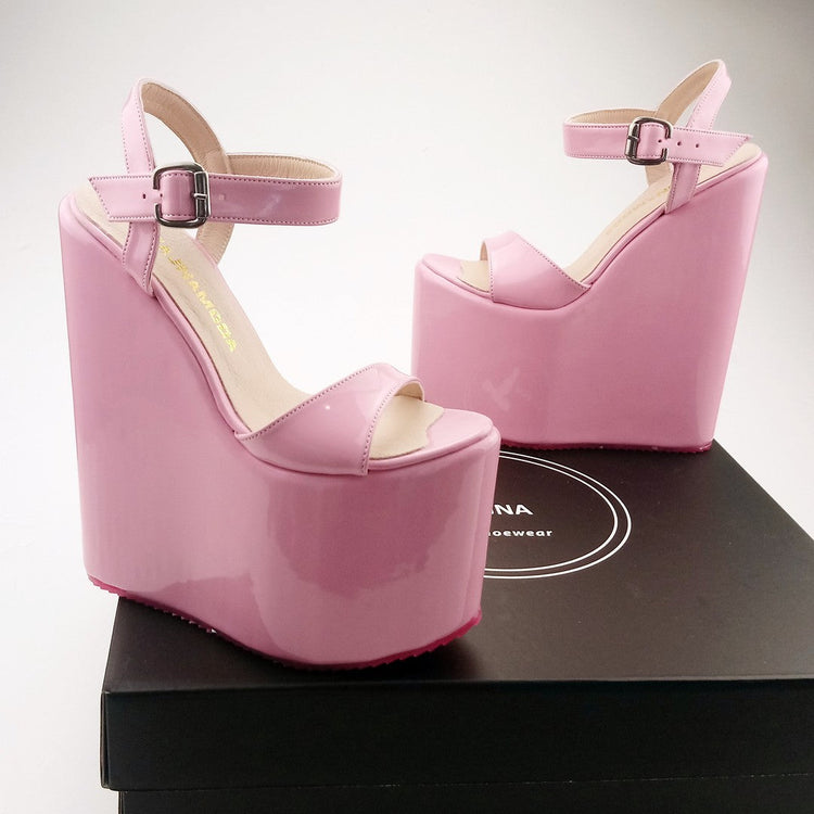 Ankle Strap Pink Platform High Heel Wedge Sandals - Tajna Club