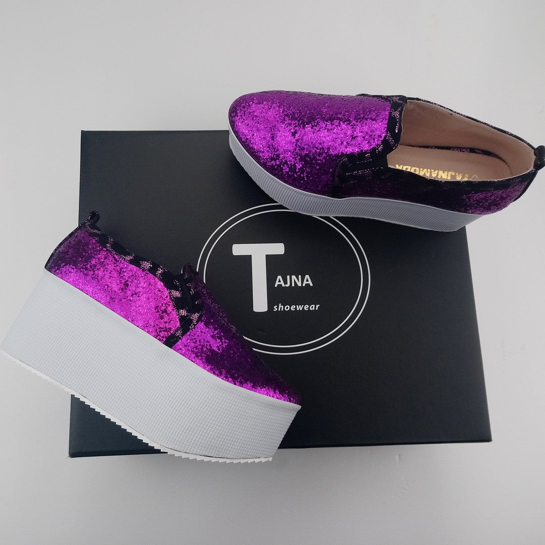 Dark Pink Shinny Sneakers Wedge Platform Shoes - Tajna Club